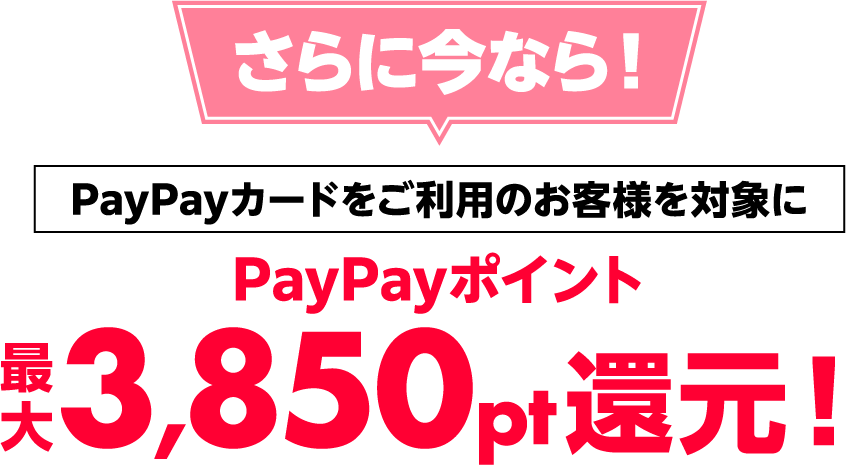 さらに今なら！PayPayカードをご利用のお客様を対象にPayPayポイント最大3,850pt還元！